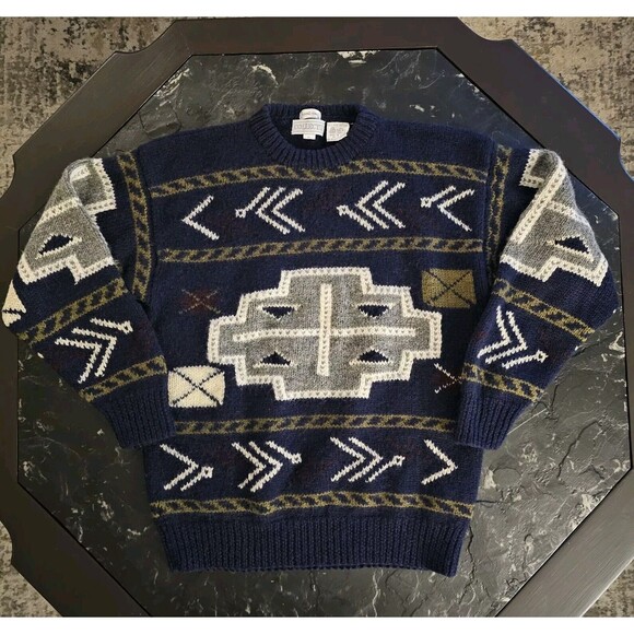 Vintage Collectif Shetland Wool Hand Knit Sweater Womens L Southwestern Aztec - Picture 1 of 7